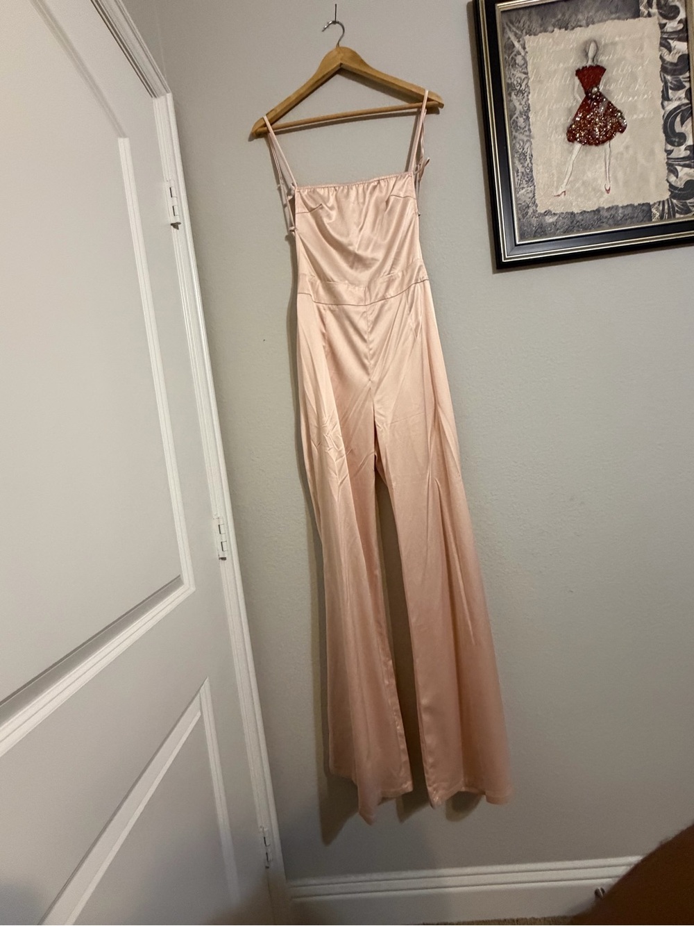 Peach Satin Wide-Leg Jumpsuit with Spaghetti Straps